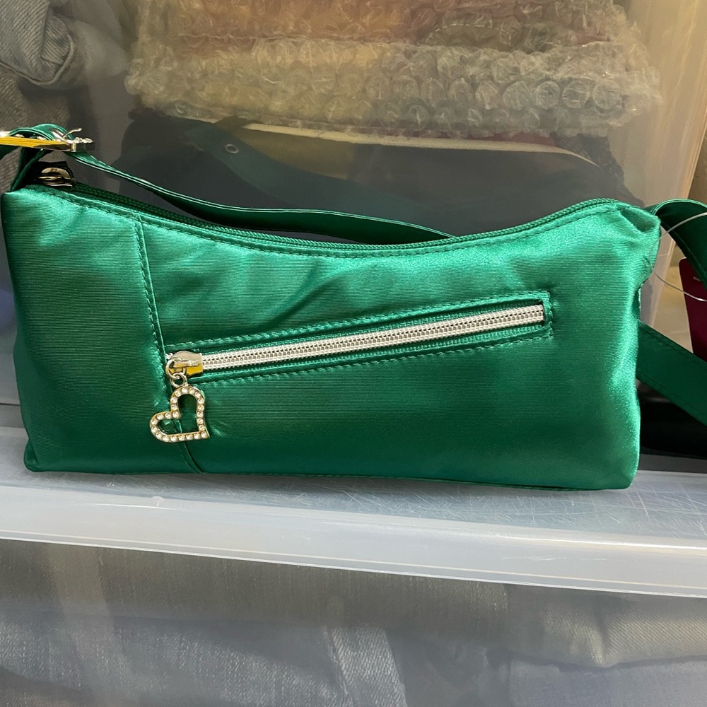 2bags one black & Small green handbag one with zip heart closure rhinestone